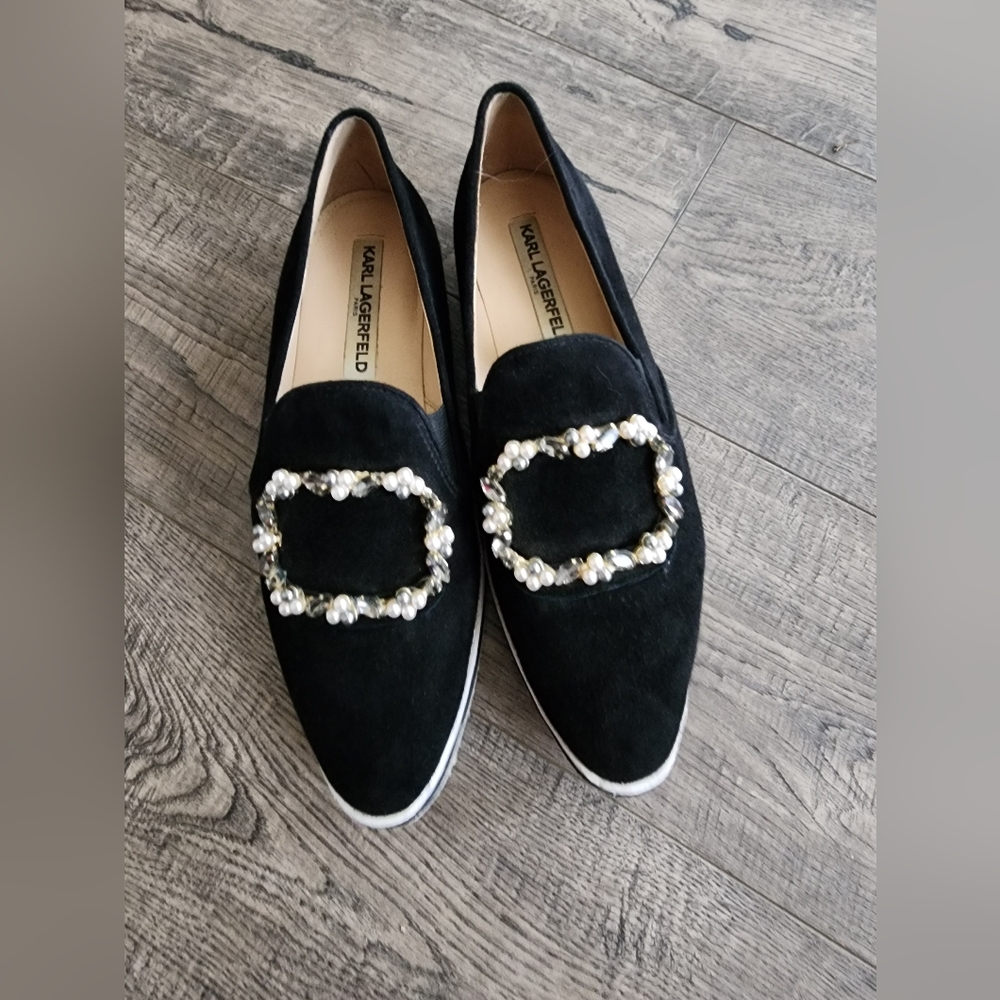 Karl Lagerfeld Women’s Kalana Black Suede slip-on loafers; Size 7.5/38 B